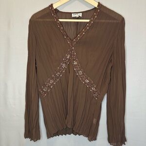 Claudia Richard Blouse Womens Size L Pleated Lace Sequins Trim Long Sleeve Boho